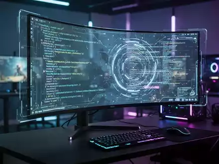 Hochmoderne Gaming-Entwicklungs-Workstation mit leuchtendem Code auf einem Monitor in einem professionellen Studio. - Foto: über boerse-global.de