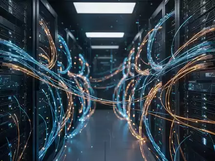 Ein moderner Serverraum mit leuchtenden Glasfaserkabeln als Symbol für Cybersicherheit und Datenlecks. - Foto: über boerse-global.de