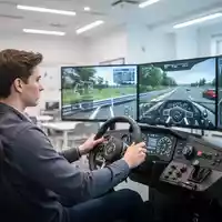 Ein Fahrschüler trainiert an einem modernen Fahrsimulator in einer hellen, digital ausgestatteten Umgebung. - Foto: über boerse-global.de