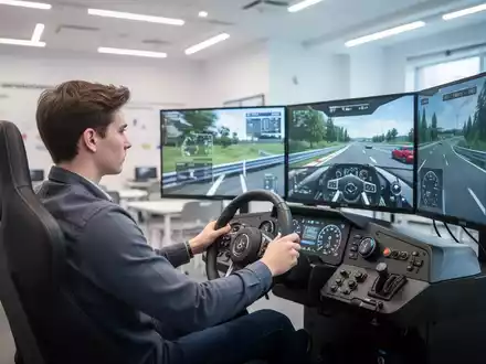 Ein Fahrschüler trainiert an einem modernen Fahrsimulator in einer hellen, digital ausgestatteten Umgebung. - Foto: über boerse-global.de