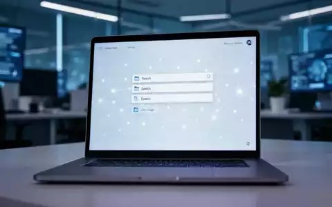 Ein moderner Laptop-Bildschirm zeigt eine minimalistische Suchoberfläche mit abstrakten Datenknoten. - Foto: über boerse-global.de