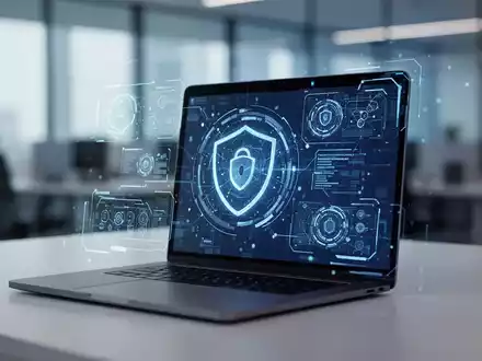 Ein moderner Laptop-Bildschirm vor einem verschwommenen Bürohintergrund, der Cybersicherheit und digitale Kommunikation symbolisiert. - Foto: über boerse-global.de