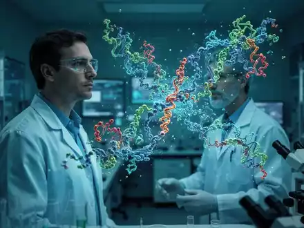 Wissenschaftler betrachtet 3D-Hologramm von Proteinmolekülen in einem modernen medizinischen Forschungslabor. - Foto: über boerse-global.de