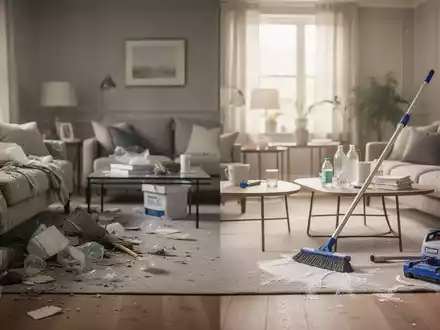 Ein aufgeräumtes Wohnzimmer nach einer professionellen Haushaltsreinigung bei Tageslicht. - Foto: über boerse-global.de