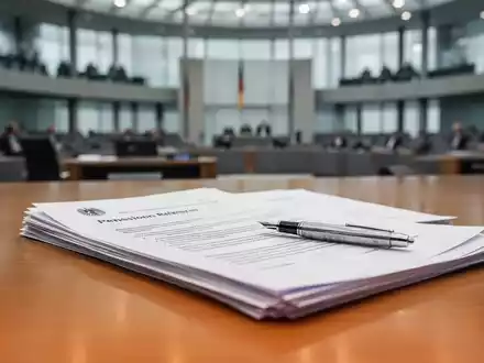 Offizielle Dokumente zur Rentenreform auf einem Schreibtisch vor dem unscharfen Hintergrund des Reichstagsgebäudes. - Foto: über boerse-global.de