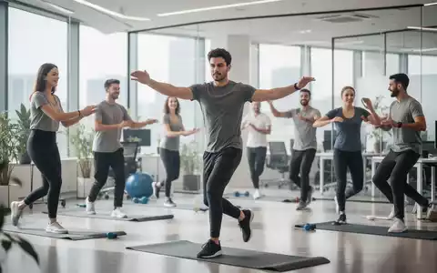 Junge Beschäftigte bei einer gemeinsamen Gesundheitsaktivität in einem modernen Bürogebäude. - Foto: über boerse-global.de
