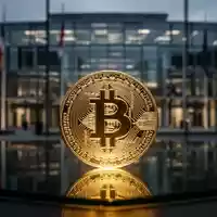 Ein leuchtender Bitcoin auf einem dunklen Schreibtisch vor dem unscharfen Hintergrund eines Regierungsgebäudes. - Foto: über boerse-global.de