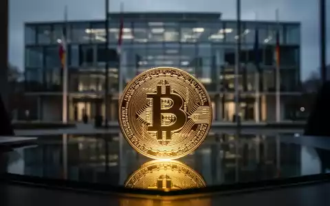 Ein leuchtender Bitcoin auf einem dunklen Schreibtisch vor dem unscharfen Hintergrund eines Regierungsgebäudes. - Foto: über boerse-global.de