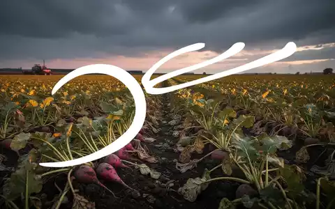 Weites Zuckerrübenfeld unter einem dramatischen, bewölkten Himmel, das die Erntesituation symbolisiert. - Foto: über boerse-global.de