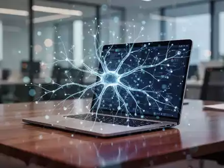 Ein moderner Büroarbeitsplatz mit einem Laptop, auf dem ein digitales neuronales Netzwerk visualisiert wird. - Foto: über boerse-global.de