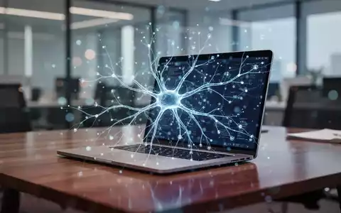 Ein moderner Büroarbeitsplatz mit einem Laptop, auf dem ein digitales neuronales Netzwerk visualisiert wird. - Foto: über boerse-global.de
