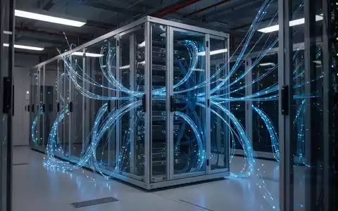 Moderner Serverraum mit leuchtend blauen Glasfaserkabeln und einer Glas-Containment-Einheit, die künstliche Intelligenz darstellt. - Foto: über boerse-global.de