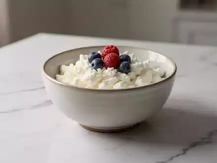 Eine Schale mit frischem Hüttenkäse und Beeren auf einer Marmoroberfläche bei natürlichem Licht. - Foto: über boerse-global.de
