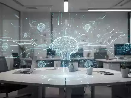 Abstrakte digitale Schnittstelle und Datenströme, die autonome KI-Systeme symbolisieren, in einem modernen Büro. - Foto: über boerse-global.de