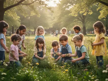 Kinder in einem sonnigen Park bei einer Übung zur mentalen Stärkung in der Natur. - Foto: über boerse-global.de