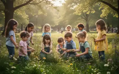 Kinder in einem sonnigen Park bei einer Übung zur mentalen Stärkung in der Natur. - Foto: über boerse-global.de