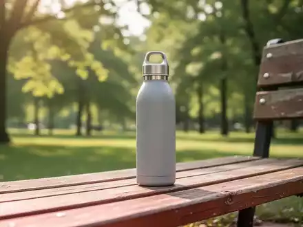 Eine wiederverwendbare Trinkflasche auf einer Holzbank in einer sauberen, sonnigen Parklandschaft. - Foto: über boerse-global.de