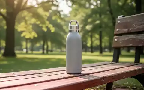 Eine wiederverwendbare Trinkflasche auf einer Holzbank in einer sauberen, sonnigen Parklandschaft. - Foto: über boerse-global.de