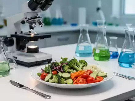 Laborumgebung mit wissenschaftlichen Instrumenten und einer gesunden Mahlzeit, die den Fokus auf Stoffwechselgesundheit legt. - Foto: über boerse-global.de