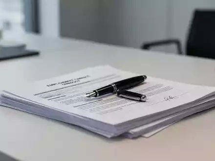 Ein Füllfederhalter liegt auf einem Stapel ordentlicher Arbeitsverträge auf einem modernen Schreibtisch. - Foto: über boerse-global.de