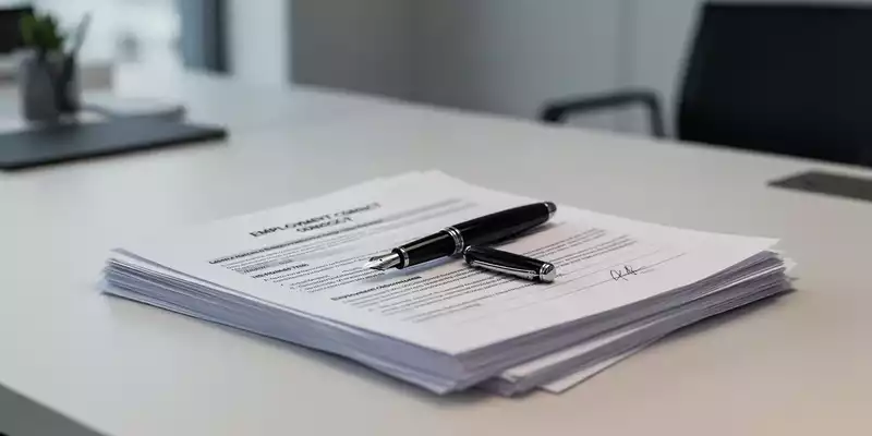 Ein Füllfederhalter liegt auf einem Stapel ordentlicher Arbeitsverträge auf einem modernen Schreibtisch. - Foto: über boerse-global.de