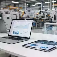 Modernes Büro-Setup mit Laptop und Tablet vor verschwommenem Hintergrund einer Industrieanlage. - Foto: über boerse-global.de