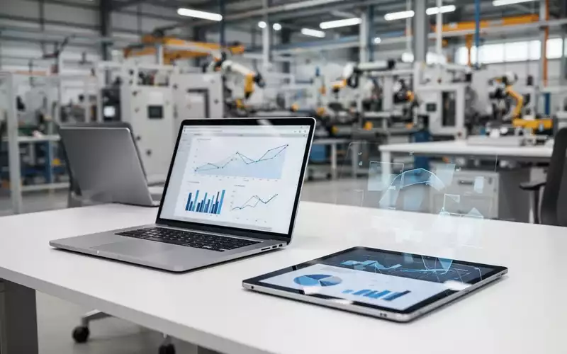 Modernes Büro-Setup mit Laptop und Tablet vor verschwommenem Hintergrund einer Industrieanlage. - Foto: über boerse-global.de
