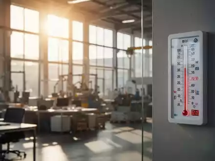 Ein digitaler Thermometer an einer Wand in einem modernen Arbeitsumfeld bei starker Sonneneinstrahlung. - Foto: über boerse-global.de