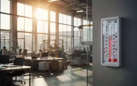 Ein digitaler Thermometer an einer Wand in einem modernen Arbeitsumfeld bei starker Sonneneinstrahlung. - Foto: über boerse-global.de
