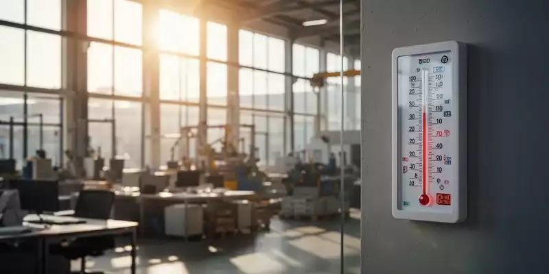 Ein digitaler Thermometer an einer Wand in einem modernen Arbeitsumfeld bei starker Sonneneinstrahlung. - Foto: über boerse-global.de