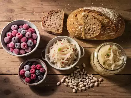 Eine Auswahl an erschwinglichen, gesunden Lebensmitteln wie Vollkornbrot, Sauerkraut und TiefkĂŒhlobst auf einem Holztisch. - Foto: ĂŒber boerse-global.de
