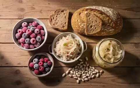 Eine Auswahl an erschwinglichen, gesunden Lebensmitteln wie Vollkornbrot, Sauerkraut und Tiefkühlobst auf einem Holztisch. - Foto: über boerse-global.de