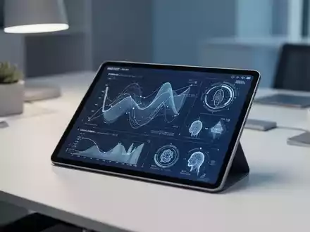 Modernes Büro-Setup mit digitalem Tablet, das Datenvisualisierungen und biometrische Symbole für Verwaltungsprozesse anzeigt. - Foto: über boerse-global.de