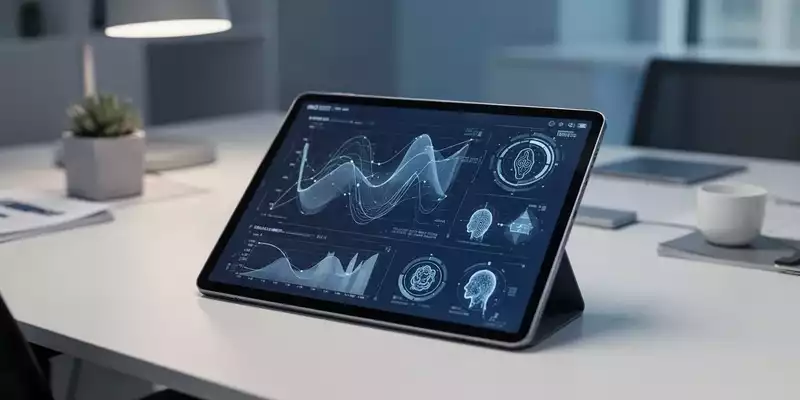 Modernes Büro-Setup mit digitalem Tablet, das Datenvisualisierungen und biometrische Symbole für Verwaltungsprozesse anzeigt. - Foto: über boerse-global.de