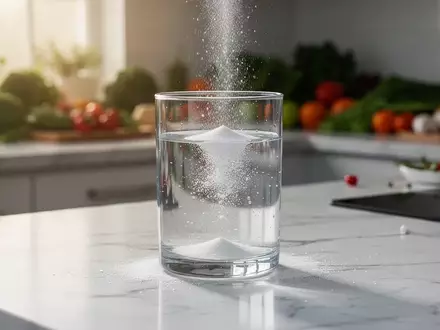 Ein Glas mit aufgelöstem Gelatinepulver auf einer Küchenoberfläche als Symbol für den Ernährungstrend Natural Ozempic. - Foto: über boerse-global.de