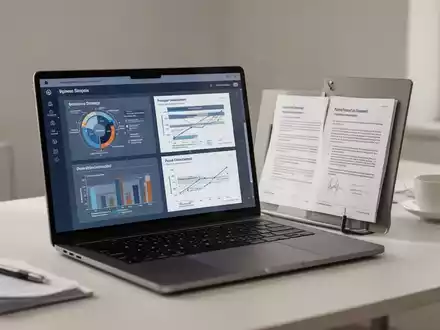 Moderner Arbeitsplatz mit Laptop, der Geschäftsstrategie-Diagramme und Vorlagen für Rechtsdokumente zeigt. - Foto: über boerse-global.de