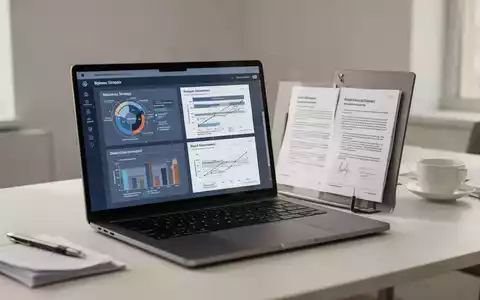 Moderner Arbeitsplatz mit Laptop, der Geschäftsstrategie-Diagramme und Vorlagen für Rechtsdokumente zeigt. - Foto: über boerse-global.de