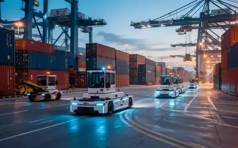 Moderne, elektrisch betriebene Container-Terminals in einem Hafen bei Dämmerung. - Foto: über boerse-global.de
