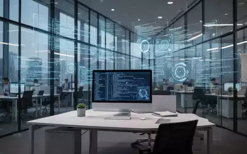 Moderne Büroarchitektur mit holografischen Datenvisualisierungen und Programmcode, die ein hochmodernes Arbeitsumfeld darstellen. - Foto: über boerse-global.de