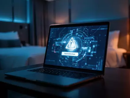 Laptop-Bildschirm in einem Hotelzimmer mit angedeuteter digitaler Sicherheitswarnung als Symbol für Phishing-Gefahren. - Foto: über boerse-global.de
