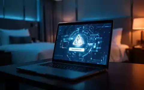 Laptop-Bildschirm in einem Hotelzimmer mit angedeuteter digitaler Sicherheitswarnung als Symbol für Phishing-Gefahren. - Foto: über boerse-global.de