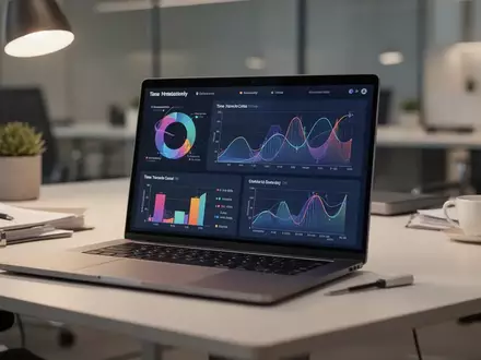 Moderner Arbeitsplatz mit Laptop und Datenvisualisierungen zur Arbeitszeitentwicklung durch KI-Einsatz. - Foto: über boerse-global.de