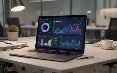 Moderner Arbeitsplatz mit Laptop und Datenvisualisierungen zur Arbeitszeitentwicklung durch KI-Einsatz. - Foto: über boerse-global.de