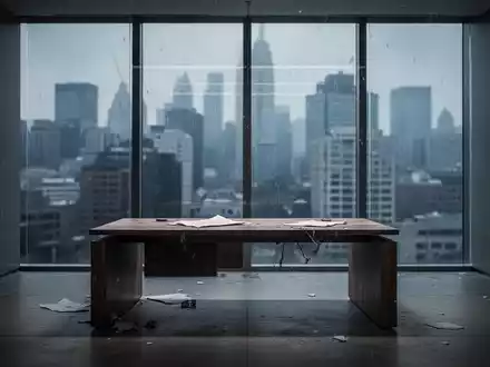 Ein verlassener, moderner Büroraum mit Blick auf eine Stadt, symbolisch für die aktuelle Welle an Firmeninsolvenzen. - Foto: über boerse-global.de