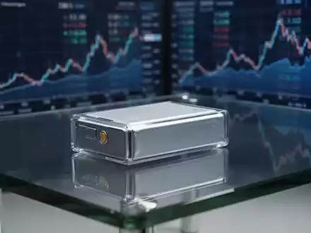 Moderne Lithium-Ionen-Batteriezelle auf einem gläsernen Bürotisch mit unscharfem Finanzchart im Hintergrund. - Foto: über boerse-global.de