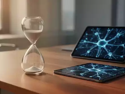 Eine Sanduhr auf einem Schreibtisch neben einem digitalen Tablet mit abstrakten neuronalen Netzwerkgrafiken. - Foto: über boerse-global.de