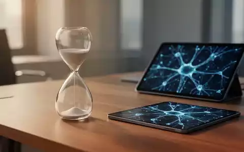 Eine Sanduhr auf einem Schreibtisch neben einem digitalen Tablet mit abstrakten neuronalen Netzwerkgrafiken. - Foto: über boerse-global.de