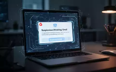 Laptop-Bildschirm mit einer verdächtigen Phishing-E-Mail in einem abgedunkelten Büro. - Foto: über boerse-global.de