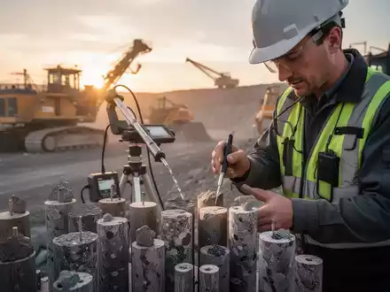 Geologe untersucht Gesteinsproben in einem modernen Bergbaugelände bei Sonnenaufgang. - Foto: über boerse-global.de