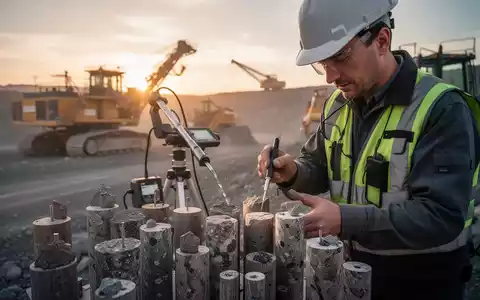 Geologe untersucht Gesteinsproben in einem modernen Bergbaugelände bei Sonnenaufgang. - Foto: über boerse-global.de
